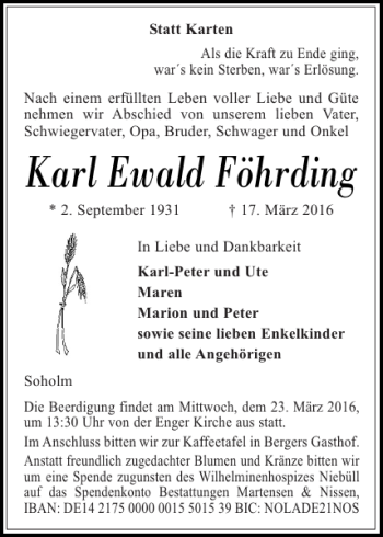 Traueranzeige von Karl Ewald Föhrding von Flensburger Tageblatt