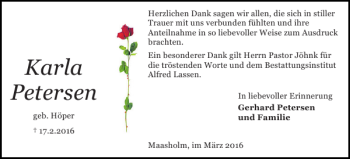 Traueranzeige von Karla Petersen von Schlei-Bote