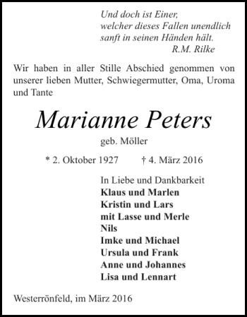 Traueranzeige von Marianne Peters von Landeszeitung