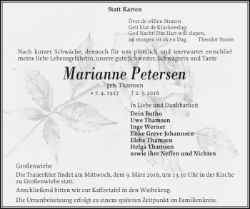 Traueranzeige von Marianne Petersen von Flensburger Tageblatt