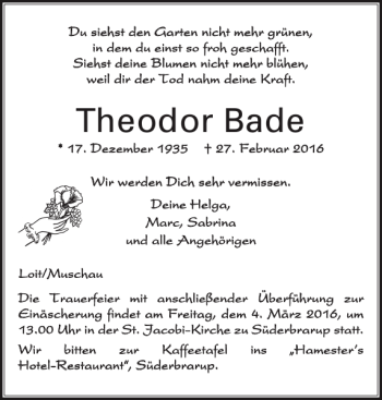 Traueranzeige von Theodor Bade von Flensburger Tageblatt