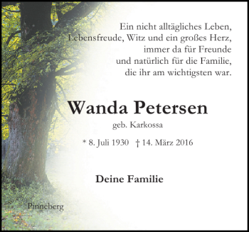 Traueranzeige von Wanda Petersen von Pinneberger Tageblatt