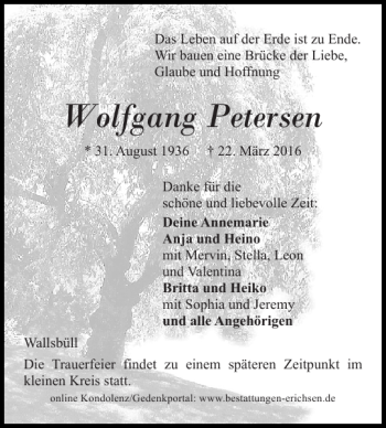 Traueranzeige von Wolfgang Petersen von Flensburger Tageblatt