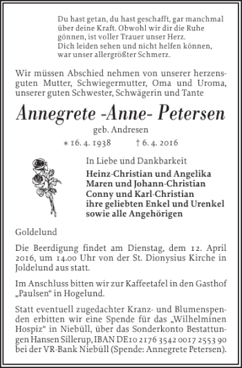 Traueranzeige von Annegrete-Anne-Petersen  von Husumer Nachrichten