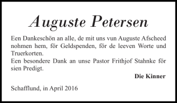 Traueranzeige von Auguste Petersen von Flensburger Tageblatt