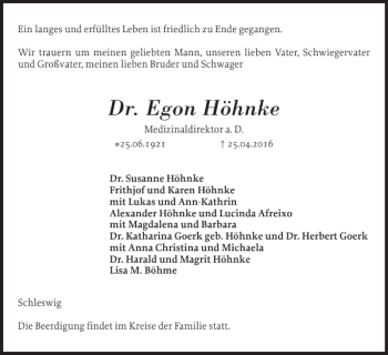 Traueranzeige von Dr. Egon Höhnke von Schleswiger Nachrichten