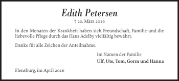 Traueranzeige von Edith Petersen von Flensburger Tageblatt