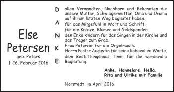 Traueranzeige von Else Petersen geb. Peters von Husumer Nachrichten
