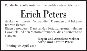 Traueranzeige von Erich Peters von Husumer Nachrichten