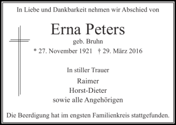 Traueranzeige von Erna Peters von Stormarner Tageblatt