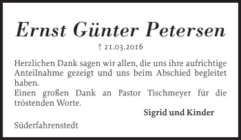 Traueranzeige von Ernst Günter Petersen von Schleswiger Nachrichten