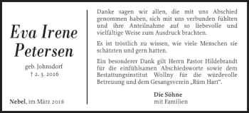 Traueranzeige von Eva Irene Petersen von Der Insel-Bote