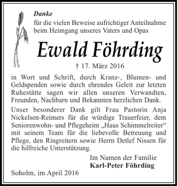 Traueranzeige von Ewald Föhrding von Husumer Nachrichten