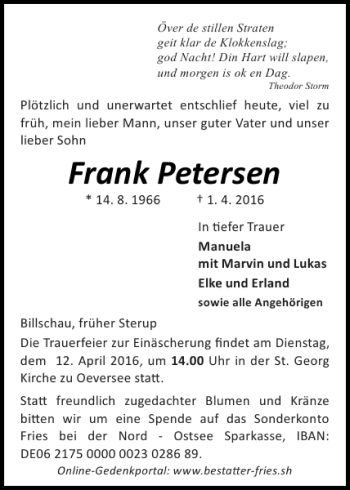 Traueranzeige von Frank Petersen von Flensburger Tageblatt