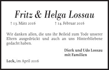 Traueranzeige von Fritz Helga Lossau von Nordfriesland Tageblatt