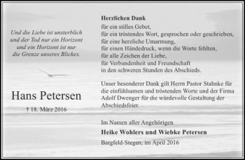 Traueranzeige von Hans Petersen von Stormarner Tageblatt