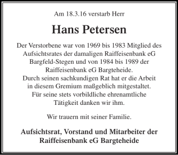 Traueranzeige von Hans Petersen von Stormarner Tageblatt