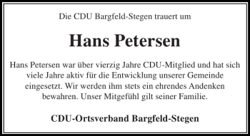 Traueranzeige von Hans Petersen von Stormarner Tageblatt