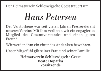 Traueranzeige von Hans Petersen von Flensburger Tageblatt