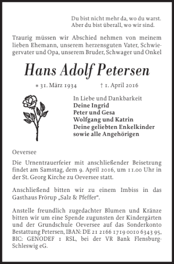 Traueranzeige von Hans Adolf Petersen von Flensburger Tageblatt