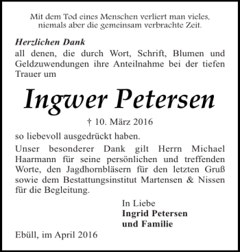 Traueranzeige von Ingwer Petersen von Husumer Nachrichten