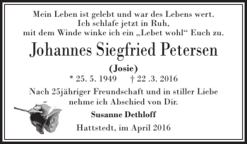 Traueranzeige von Johannes Siegfried Petersen von Husumer Nachrichten