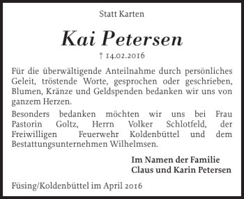 Traueranzeige von Kai Petersen von Schleswiger Nachrichten