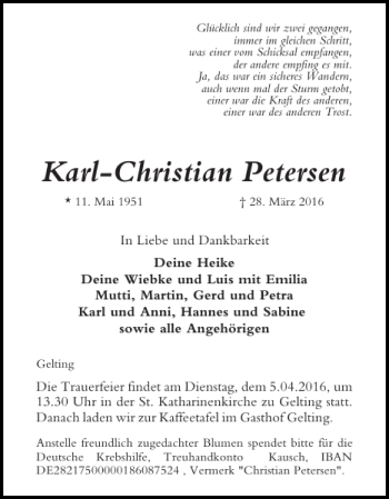 Traueranzeige von Karl-Christian Petersen von Flensburger Tageblatt