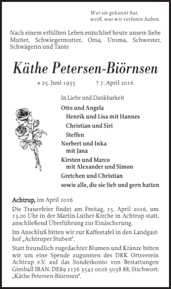 Traueranzeige von Käthe Petersen-Biörnsen von Flensburger Tageblatt