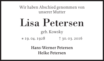 Traueranzeige von Lisa Petersen von Eckernförder Zeitung