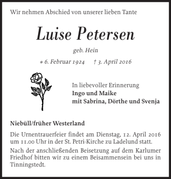 Traueranzeige von Luise Petersen von Nordfriesland Tageblatt
