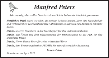 Traueranzeige von Manfred Peters von Holsteinischer Courier