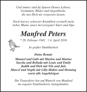 Traueranzeige von Manfred Peters von Holsteinischer Courier