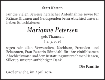 Traueranzeige von Marianne Petersen von Flensburger Tageblatt