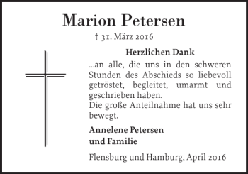 Traueranzeige von Marion Petersen von Flensburger Tageblatt