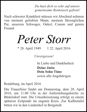 Traueranzeige von Peter Storr von Landeszeitung