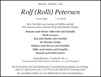 Traueranzeige von Rolf Rolli Petersen von Schlei-Bote