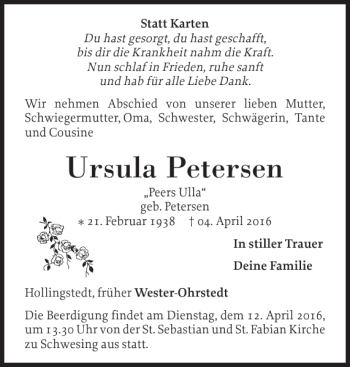 Traueranzeige von Ursula Petersen von Husumer Nachrichten