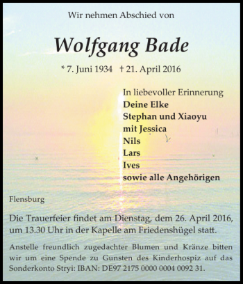 Traueranzeige von Wolfgang Bade von Flensburger Tageblatt