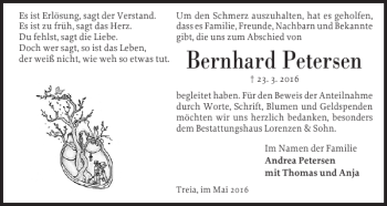 Traueranzeige von Bernhard Petersen von Flensburger Tageblatt