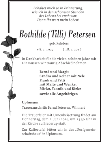 Traueranzeige von Bothilde Tilli Petersen von Nordfriesland Tageblatt