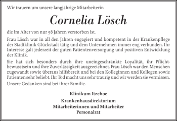 Traueranzeige von Cornelia Lösch von Norddeutsche Rundschau
