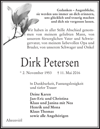 Traueranzeige von Dirk Petersen von Flensburger Tageblatt