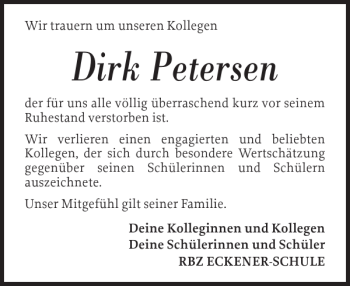 Traueranzeige von Dirk Petersen von Flensburger Tageblatt