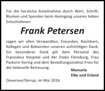 Traueranzeige von Frank Petersen von Flensburger Tageblatt