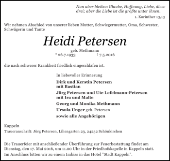 Traueranzeige von Heidi Petersen von Schleswiger Nachrichten