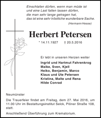 Traueranzeige von Herbert Petersen von Holsteinischer Courier