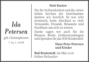 Traueranzeige von Ida Petersen von Nordfriesland Tageblatt