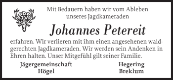 Traueranzeige von Johannes Petereit von Husumer Nachrichten