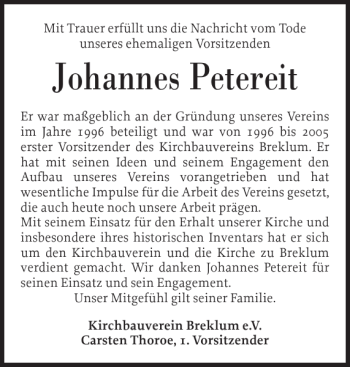 Traueranzeige von Johannes Petereit von Husumer Nachrichten
